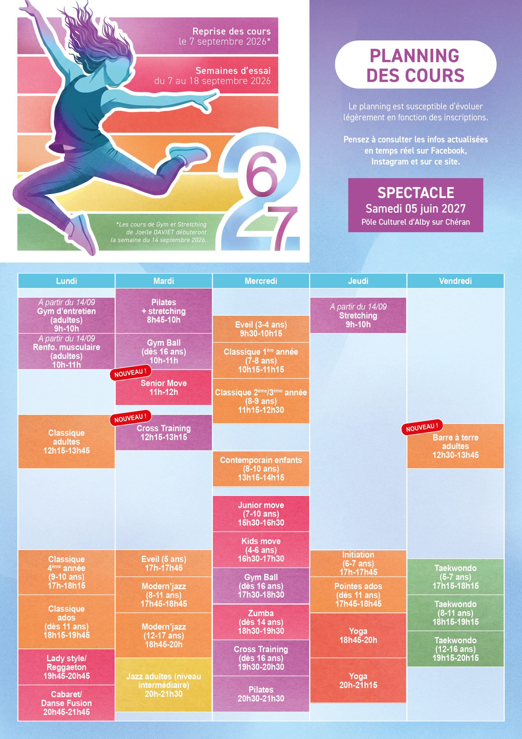 Planning des cours de danse, gym, pilates, taekwondo près d'Annecy et d'Aix les Bains.